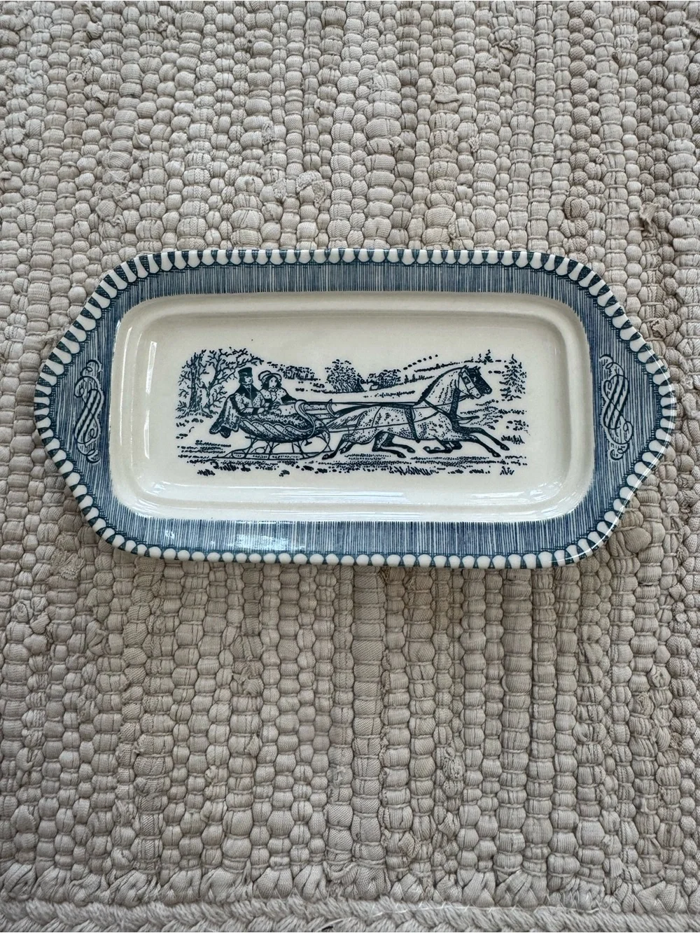 Vintage Currier & Ives by Royal Blue & White Salt and Pepper Shaker with Tray